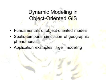 Dynamic Modeling in Object-Oriented GIS Fundamentals of object-oriented models Spatio-temporal simulation of geographic phenomena Application examples: