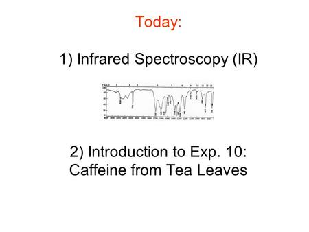 Today: 1) Infrared Spectroscopy (IR) 2) Introduction to Exp. 10: Caffeine from Tea Leaves.