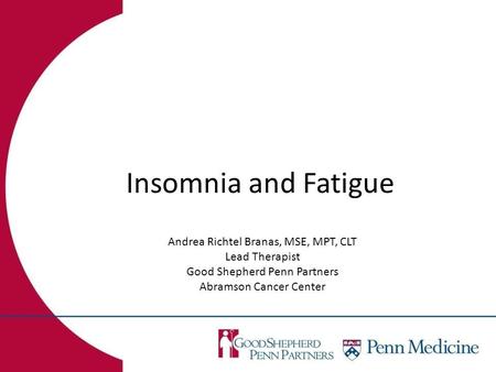 Insomnia and Fatigue Andrea Richtel Branas, MSE, MPT, CLT Lead Therapist Good Shepherd Penn Partners Abramson Cancer Center.