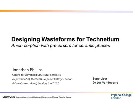DIAMOND Decommissioning, Immobilisation and Management of Nuclear Waste for Disposal Designing Wasteforms for Technetium Anion sorption with precursors.