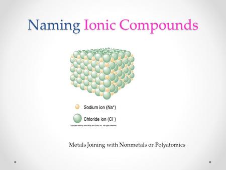 Naming Ionic Compounds Metals Joining with Nonmetals or Polyatomics.
