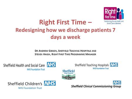 Right First Time – Redesigning how we discharge patients 7 days a week D R A NDREW G IBSON, S HEFFIELD T EACHING H OSPITALS AND S TEVEN H AIGH, R IGHT.