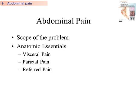 Abdominal Pain Scope of the problem Anatomic Essentials Visceral Pain