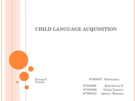 CHILD LANGUAGE ACQUISITION Group 5 07305037 Shitanshu Verma 07305086 Rajeshwar G 07305905 Girija Limaye 07305913 Apoorv Sharma.