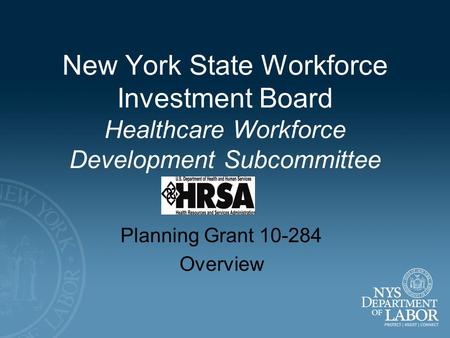 New York State Workforce Investment Board Healthcare Workforce Development Subcommittee Planning Grant 10-284 Overview.