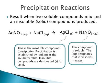  Result when two soluble compounds mix and an insoluble (solid) compound is produced. AgNO 3 (aq) + NaCl (aq)  This is the insoluble compound (precipitate).