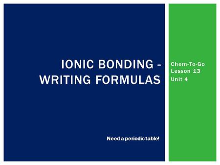 Chem-To-Go Lesson 13 Unit 4 IONIC BONDING - WRITING FORMULAS Need a periodic table!