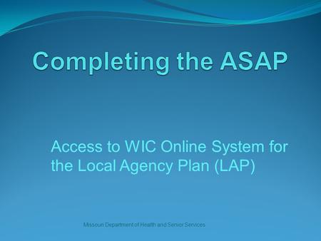 Access to WIC Online System for the Local Agency Plan (LAP) Missouri Department of Health and Senior Services.
