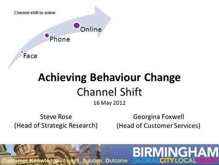 Achieving Behaviour Change Channel Shift 16 May 2012 Steve Rose (Head of Strategic Research) Customer Knowledge - Insight, Solution, Outcome Georgina Foxwell.
