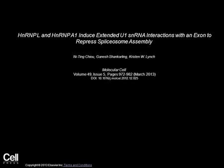 HnRNP L and HnRNP A1 Induce Extended U1 snRNA Interactions with an Exon to Repress Spliceosome Assembly Ni-Ting Chiou, Ganesh Shankarling, Kristen W. Lynch.