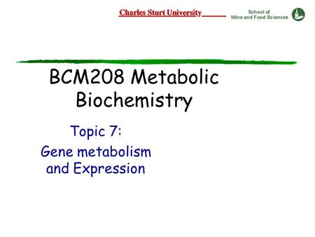 BCM208 Metabolic Biochemistry Topic 7: Gene metabolism and Expression.