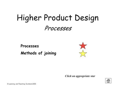 © Learning and Teaching Scotland 2006 Processes Methods of joining Click on appropriate star Higher Product Design Processes.