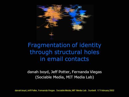 Danah boyd, Jeff Potter, Fernanda Viegas. Sociable Media, MIT Media Lab. Sunbelt. 17 February 2002 Fragmentation of identity through structural holes in.