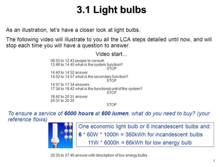 1 3.1 Light bulbs As an illustration, let’s have a closer look at light bulbs. The following video will illustrate to you all the LCA steps detailed until.