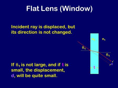 Flat Lens (Window) n1n1 n2n2 Incident ray is displaced, but its direction is not changed. tt 11 11 If  1 is not large, and if t is small, the.
