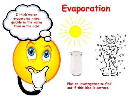 Evaporation Plan an investigation to find out if this idea is correct. I think water evaporates more quickly in the warm than in the cold.