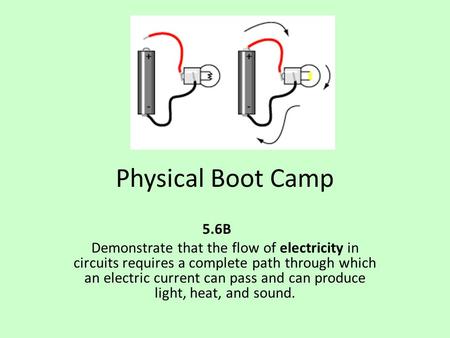 Physical Boot Camp 5.6B Demonstrate that the flow of electricity in circuits requires a complete path through which an electric current can pass and can.