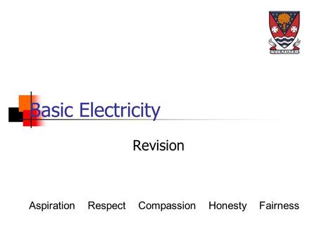 Basic Electricity Revision Aspiration Respect Compassion Honesty Fairness.