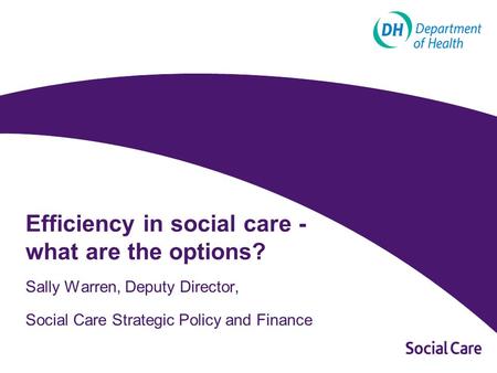 Efficiency in social care - what are the options? Sally Warren, Deputy Director, Social Care Strategic Policy and Finance.