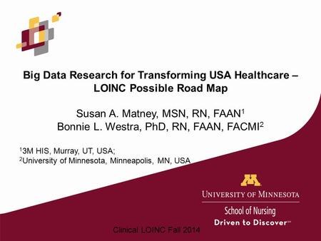 Big Data Research for Transforming USA Healthcare – LOINC Possible Road Map Susan A. Matney, MSN, RN, FAAN1 Bonnie L. Westra, PhD, RN, FAAN, FACMI2 13M.