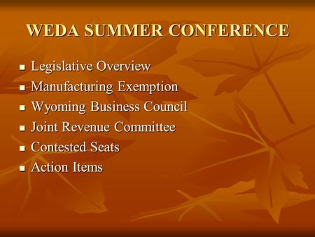 WEDA SUMMER CONFERENCE Legislative Overview Legislative Overview Manufacturing Exemption Manufacturing Exemption Wyoming Business Council Wyoming Business.