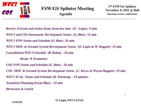 11/08/2001 FSW/GS Splinter Meeting 3 rd FSW/GS Splinter November 8, Ball COS WFC3 (morning session, auditorium) O. Lupie, WFC3 STScI Review of Goals.