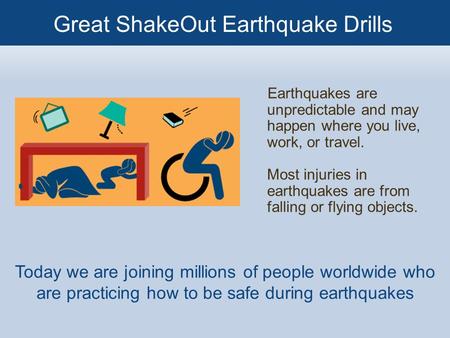 Earthquakes are unpredictable and may happen where you live, work, or travel. Most injuries in earthquakes are from falling or flying objects. Today we.