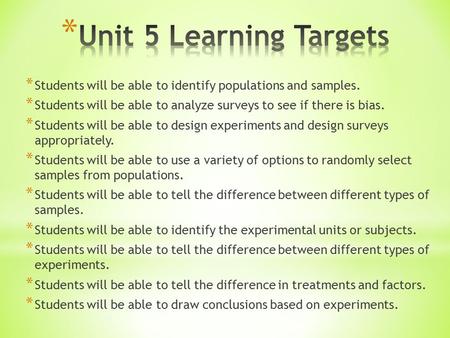 * Students will be able to identify populations and samples. * Students will be able to analyze surveys to see if there is bias. * Students will be able.