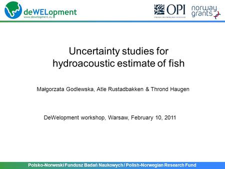 Polsko-Norweski Fundusz Badań Naukowych / Polish-Norwegian Research Fund Uncertainty studies for hydroacoustic estimate of fish DeWelopment workshop, Warsaw,