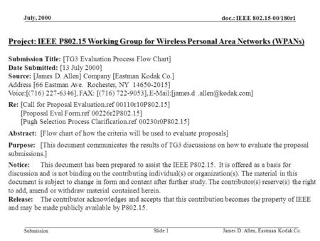 Doc.: IEEE 802.15-00/180r1 Submission July, 2000 Slide 1James D. Allen, Eastman Kodak Co. Project: IEEE P802.15 Working Group for Wireless Personal Area.