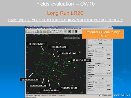 E. Michel COROT, field eval E. Michel COROT, field eval Fields evaluation – CW10 Long Run LR2C RA=18:39:03 (279.762 °) DEC=+6 16 12 (6.27 °) ROT= 18.24.