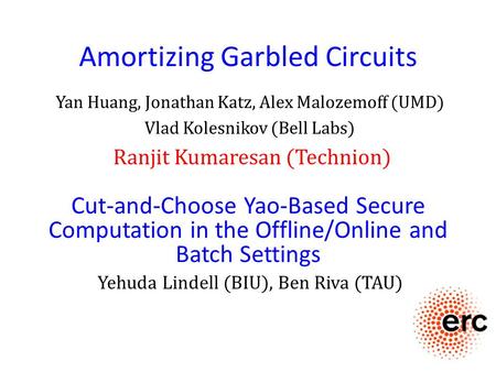 Amortizing Garbled Circuits Yan Huang, Jonathan Katz, Alex Malozemoff (UMD) Vlad Kolesnikov (Bell Labs) Ranjit Kumaresan (Technion) Cut-and-Choose Yao-Based.