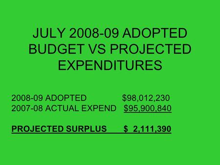 JULY 2008-09 ADOPTED BUDGET VS PROJECTED EXPENDITURES 2008-09 ADOPTED $98,012,230 2007-08 ACTUAL EXPEND $95,900,840 PROJECTED SURPLUS $ 2,111,390.