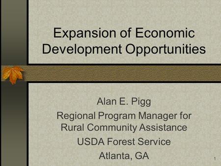1 Expansion of Economic Development Opportunities Alan E. Pigg Regional Program Manager for Rural Community Assistance USDA Forest Service Atlanta, GA.
