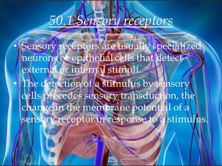 50.1 Sensory receptors Sensory receptors are usually specialized neurons or epithelial cells that detect external or internal stimuli. The detection of.