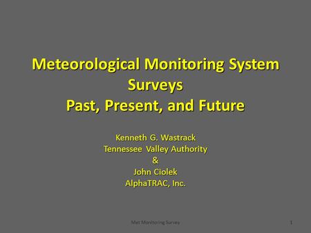 Meteorological Monitoring System Surveys Past, Present, and Future Kenneth G. Wastrack Tennessee Valley Authority & John Ciolek AlphaTRAC, Inc. 1Met Monitoring.