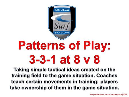 WayneHarrison SoccerAwareness (c)2013. The following presentation is designed to simplify all the potential Patterns of Play of young players at 8 v 8.