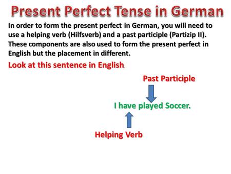 In order to form the present perfect in German, you will need to use a helping verb (Hilfsverb) and a past participle (Partizip II). These components are.