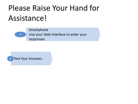 Please Raise Your Hand for Assistance! Smartphone Use your Web interface to enter your responses 1 1 Text Your Answers 2 2.