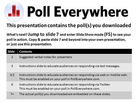 This presentation contains the poll(s) you downloaded SlideContents 2Suggested verbal notes for presenters 3Instructions slide to educate audiences on.