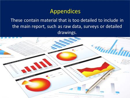 Appendices These contain material that is too detailed to include in the main report, such as raw data, surveys or detailed drawings.