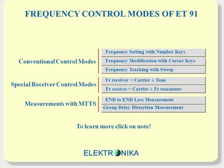 FREQUENCY CONTROL MODES OF ET 91 To learn more click on note! END to END Loss Measurement Group Delay Distortion Measurement Frequency Tracking with Sweep.