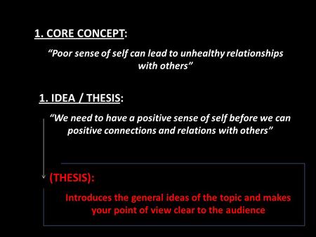 1. CORE CONCEPT: “Poor sense of self can lead to unhealthy relationships with others” 1. IDEA / THESIS: “We need to have a positive sense of self before.