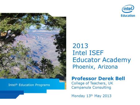 Intel ISEF Educator Academy Intel ® Education Programs 2013 Intel ISEF Educator Academy Phoenix, Arizona Professor Derek Bell College of Teachers, UK Campanula.