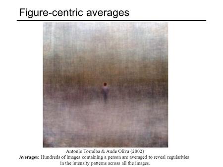 Figure-centric averages Antonio Torralba & Aude Oliva (2002) Averages: Hundreds of images containing a person are averaged to reveal regularities in the.