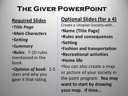 The Giver PowerPoint Optional Slides (for a 4) Required Slides