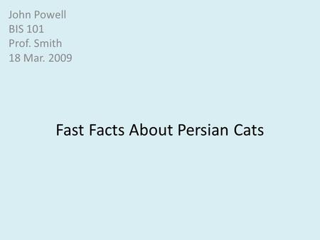 Fast Facts About Persian Cats John Powell BIS 101 Prof. Smith 18 Mar. 2009.
