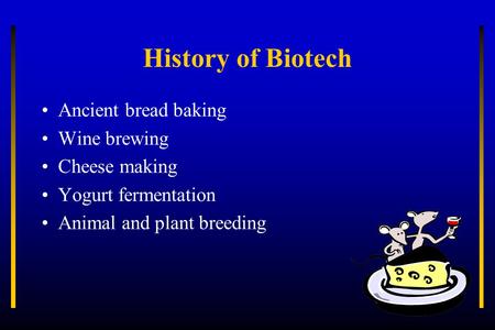 History of Biotech Ancient bread baking Wine brewing Cheese making Yogurt fermentation Animal and plant breeding.