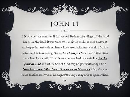 JOHN 11 1 Now a certain man was ill, Lazarus of Bethany, the village of Mary and her sister Martha. 2 It was Mary who anointed the Lord with ointment and.