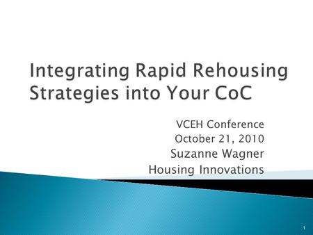 VCEH Conference October 21, 2010 Suzanne Wagner Housing Innovations 1.
